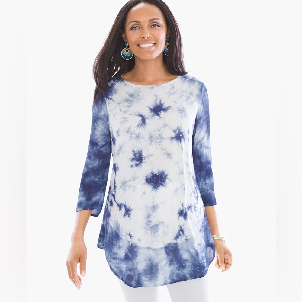 Chico's Navy and White Tie-Dye Tunic